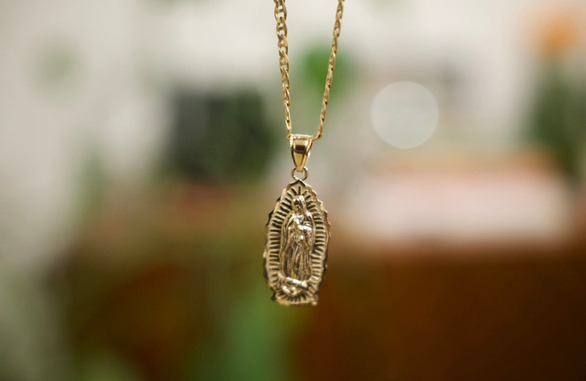 14k Solid Gold Carved Virgen