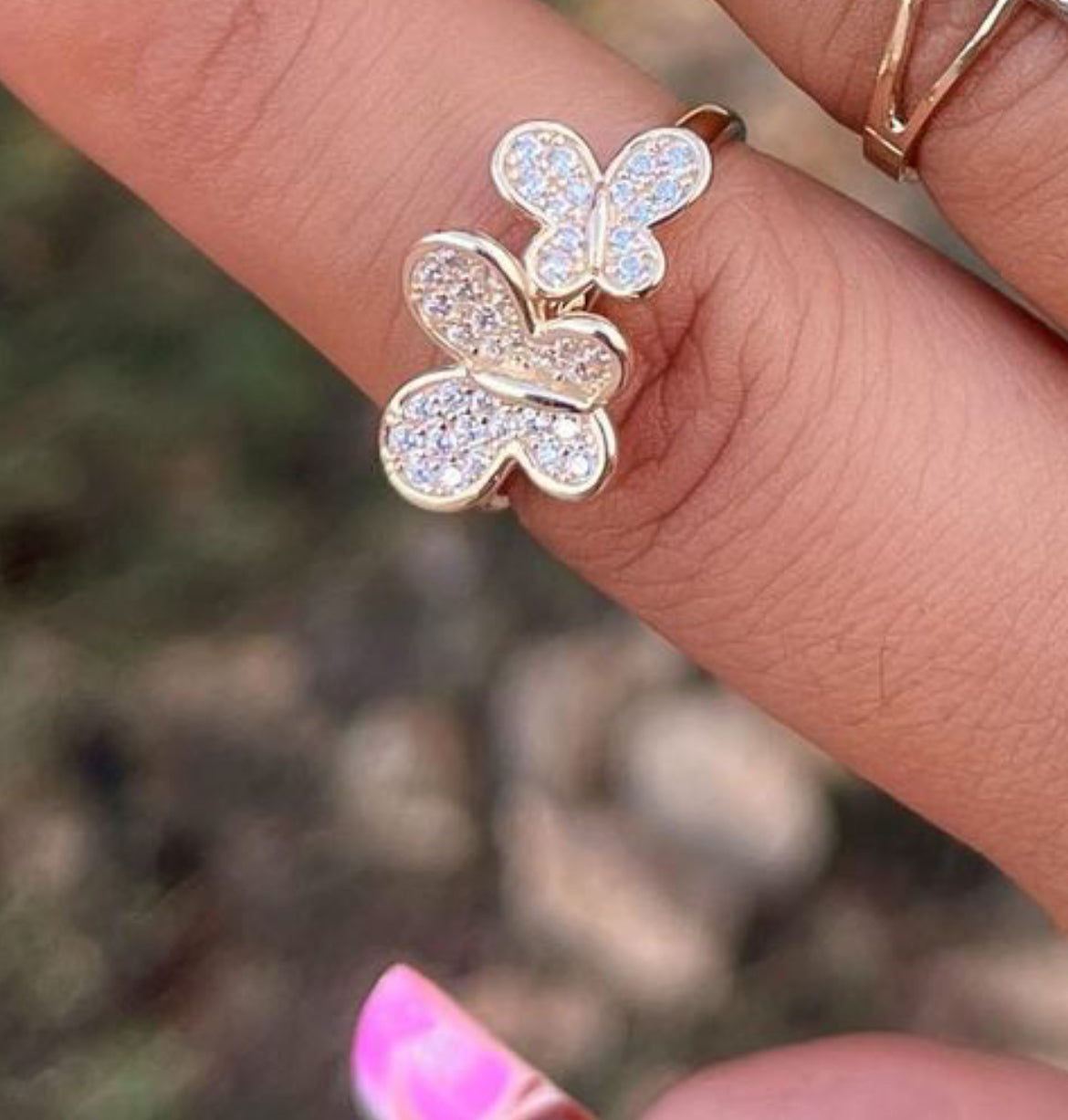 14k Gold Double Butterfly Cluster Ring